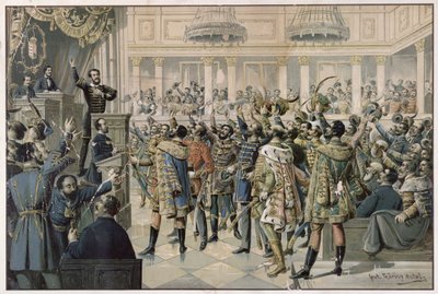 「私たちの運動は運ばれる！」、1848年7月2日、19世紀後半、ハプスブルク帝国と戦う軍を作るための法律を可決したブダペストのハンガリー議会 作： Antal Gorosy